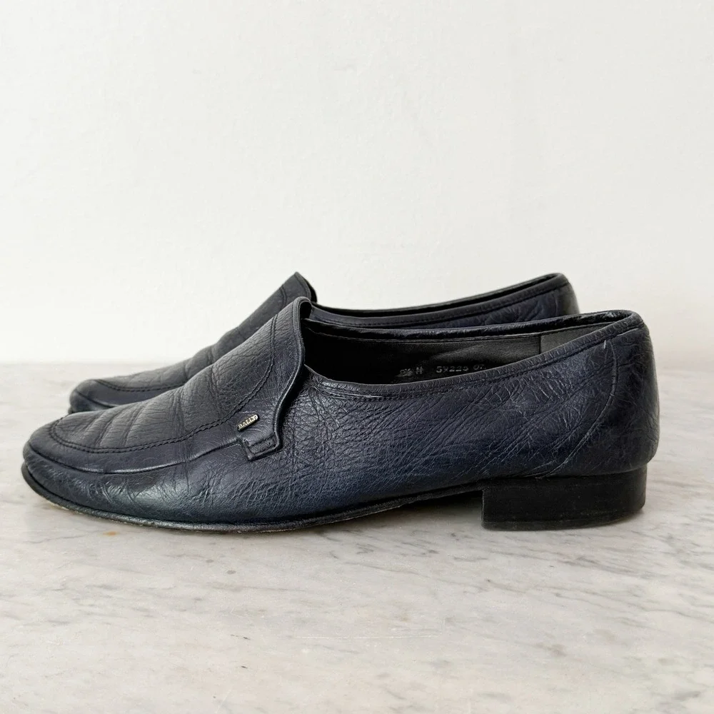 Vintage‎ Bally Caslano 1083 Loafers 8.5 Navy Blue Textured Leather Dress Shoes